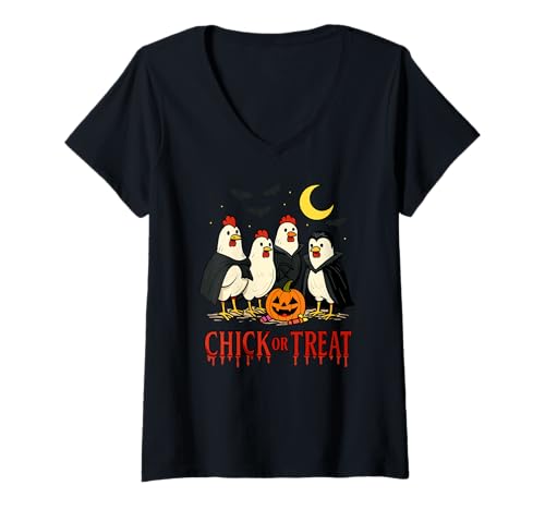 Damen Chick or Treat Lustiges Vampir-Huhn Halloween Wortspiel T-Shirt mit V-Ausschnitt von Chick or Treat Chicken Halloween by NLTS