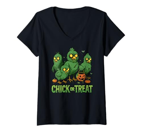 Damen Chick or Treat Zombie Huhn Halloween T-Shirt mit V-Ausschnitt von Chick or Treat Chicken Halloween by NLTS