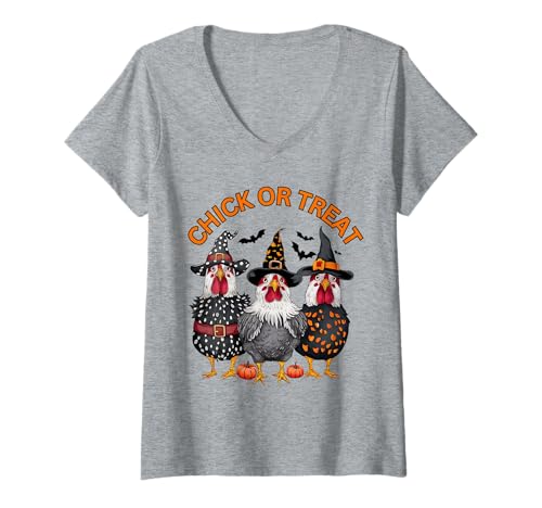 Damen Küken oder Leckerli Halloween Huhn Outfit T-Shirt mit V-Ausschnitt Damen Küken oder Leckerli Halloween Huhn Outfit T-Shirt mit V-Ausschnitt von Chick or treat apparel