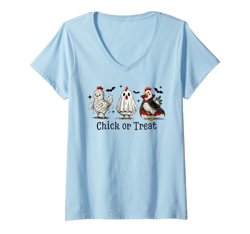 Damen Küken oder Leckerli Halloween Huhn Outfit T-Shirt mit V-Ausschnitt Damen Küken oder Leckerli Halloween Huhn Outfit T-Shirt mit V-Ausschnitt von Chick or treat