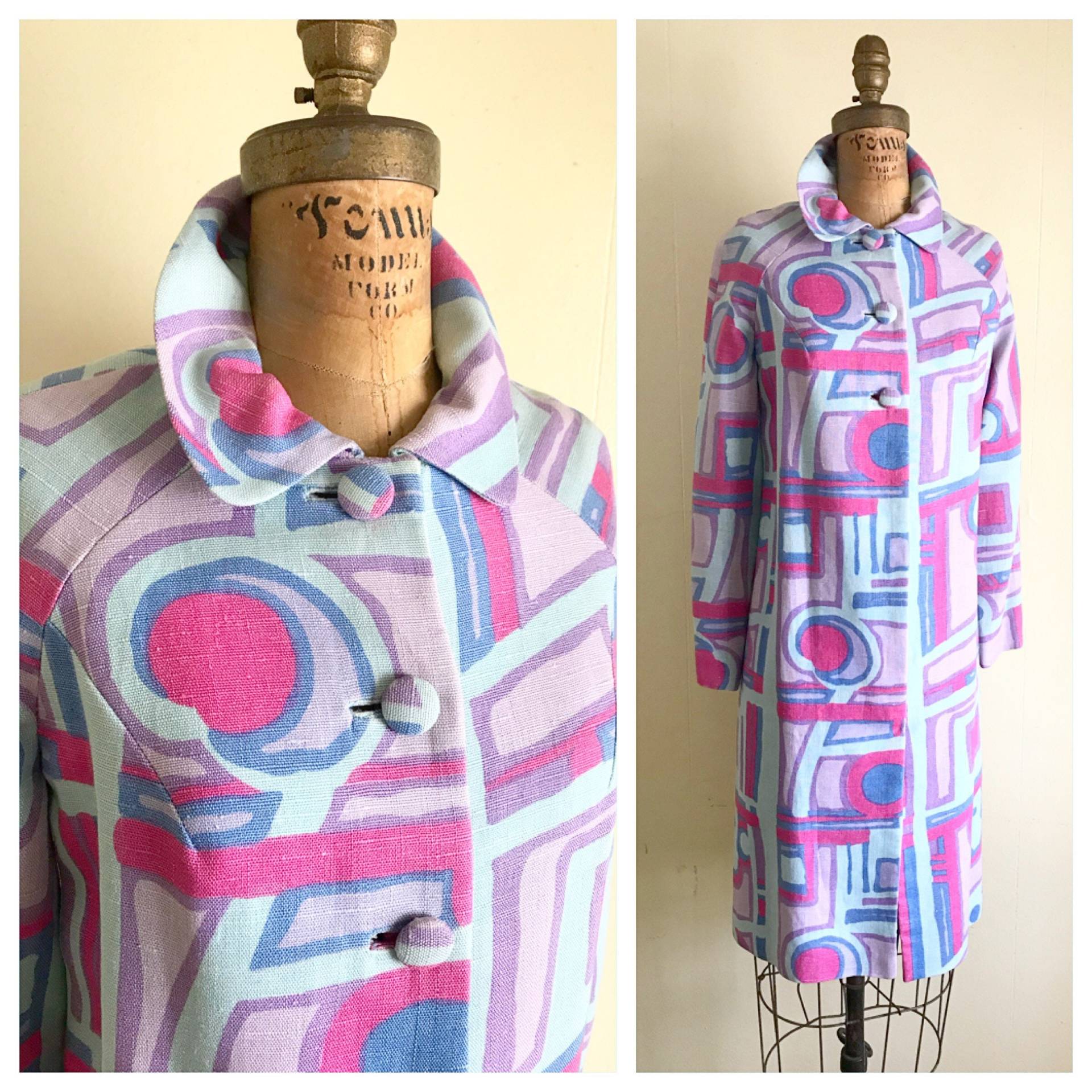 Geometric Damen Mod Go-Go 1960 Vintage 1960Er Jahre Rosa, Blau & Lavendel Lila Leinen 3 Knopf Peter Pan Kragen Leichte Jacke Mantel S M von ChickaBoomVintage