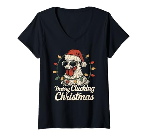Damen Frohe Gackernde Weihnachten, Vintage Chicken Christmas T-Shirt mit V-Ausschnitt von Chicken Christmas Apparel