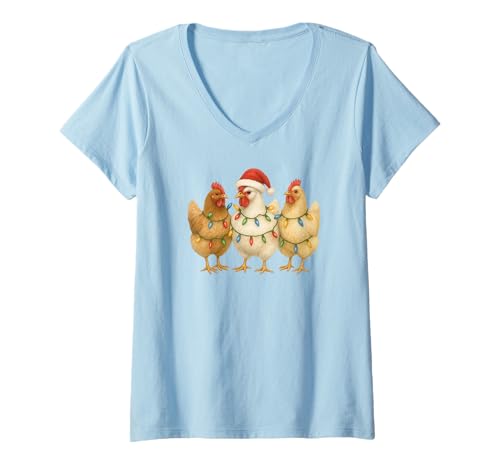 Damen 3 Weihnachtshühner, Weihnachtsbeleuchtung und Nikolausmütze T-Shirt mit V-Ausschnitt Damen 3 Weihnachtshühner, Weihnachtsbeleuchtung und Nikolausmütze T-Shirt mit V-Ausschnitt von Chicken Designs From Kazzs