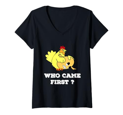Damen T-Shirt mit Aufschrift Who Came First Chicken or Eg, lustiges T-Shirt für Herren und Damen T-Shirt mit V-Ausschnitt von Chicken Egg Funny T Shirts