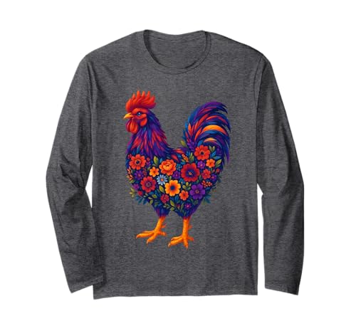 Bunte Hühner-Blumen, Hühnerliebhaber, Tierbauer, Frauen Langarmshirt von Chicken Floral Art Graphic Apparel For Girls Women