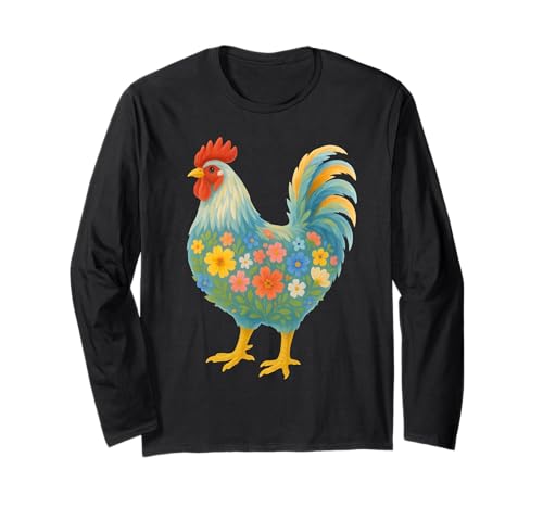 Bunter Hühnerliebhaber, Huhn Floral Animal Farm Frauen Langarmshirt von Chicken Floral Art Graphic Apparel For Girls Women
