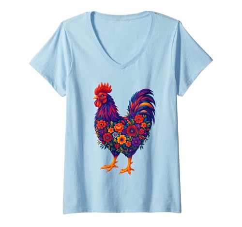 Damen Bunte Hühner-Blumen, Hühnerliebhaber, Tierbauer, Frauen T-Shirt mit V-Ausschnitt von Chicken Floral Art Graphic Apparel For Girls Women