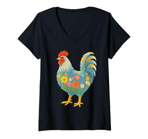 Damen Bunter Hühnerliebhaber, Huhn Floral Animal Farm Frauen T-Shirt mit V-Ausschnitt Damen Bunter Hühnerliebhaber, Huhn Floral Animal Farm Frauen T-Shirt mit V-Ausschnitt von Chicken Floral Art Graphic Apparel For Girls Women