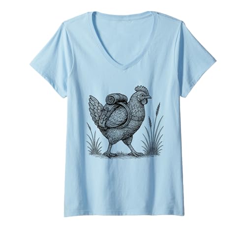 Damen Wandern Huhn Backpacking Nature Farm Hen Hiker T-Shirt mit V-Ausschnitt von Chicken Hiker Trekking Hike Merch.