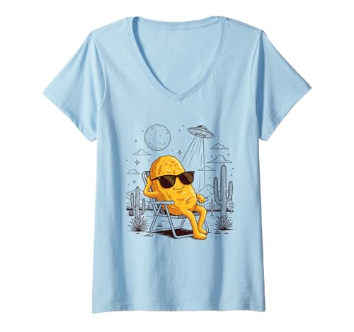 Damen Lustiges Meme Wüste UFO Chicken Nugget T-Shirt mit V-Ausschnitt Damen Lustiges Meme Wüste UFO Chicken Nugget T-Shirt mit V-Ausschnitt von Chicken Nugget Meme Und Humor