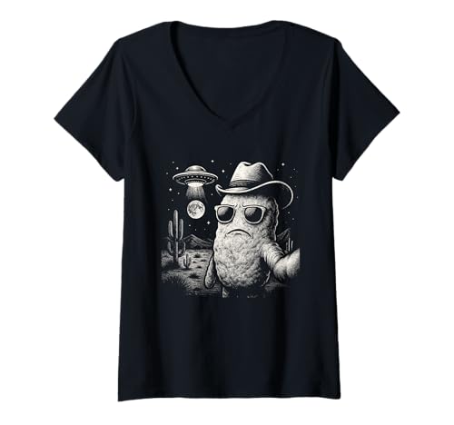 Damen Lustiges Wüsten UFO Selfie Chicken Nugget T-Shirt mit V-Ausschnitt Damen Lustiges Wüsten UFO Selfie Chicken Nugget T-Shirt mit V-Ausschnitt von Chicken Nugget Meme Und Humor