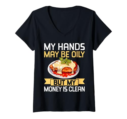 Damen My Hands May Be Oily But My Money is Clean T-Shirt mit V-Ausschnitt Damen My Hands May Be Oily But My Money is Clean T-Shirt mit V-Ausschnitt von Chicken Parm Liebhaber Design Idee