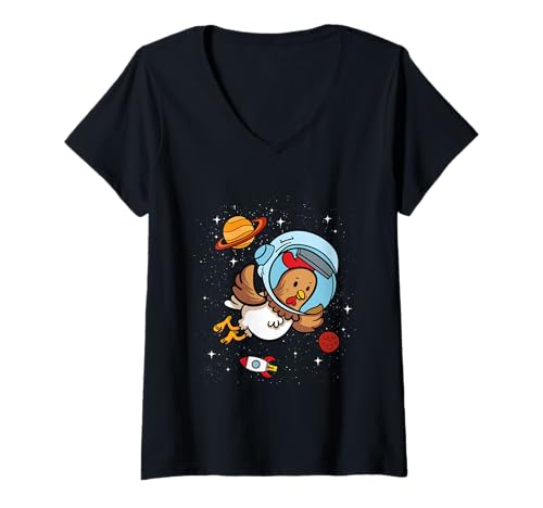 Damen Huhn Hühner Galaxie Universum Astronaut Geflügelfarm Farm T-Shirt mit V-Ausschnitt Damen Huhn Hühner Galaxie Universum Astronaut Geflügelfarm Farm T-Shirt mit V-Ausschnitt von Chicken Ranch Mutter Mutter Co.