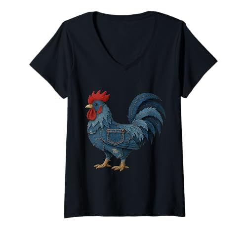 Damen Chicken Rooster Denim T-Shirt mit V-Ausschnitt Damen Chicken Rooster Denim T-Shirt mit V-Ausschnitt von Chicken Rooster Denim Design