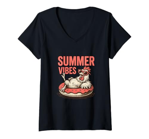 Damen Summer Vibes Chicken Lustiger Pool-Strand-Tagesurlaub T-Shirt mit V-Ausschnitt von Chicken Summer Funny Pool Donut Float Beach Gifts