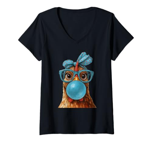 Damen Chicken Wearing Bandana Glasses Bubble Gum T-Shirt mit V-Ausschnitt Damen Chicken Wearing Bandana Glasses Bubble Gum T-Shirt mit V-Ausschnitt von Chicken Wearing Glasses Bandana Apparel