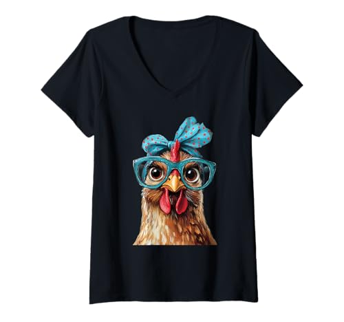 Damen Chicken Wearing Bandana Glasses T-Shirt mit V-Ausschnitt von Chicken Wearing Glasses Bandana Apparel