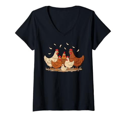Damen Crazy Hen Family Funny Chicken Retro Vintage Art T-Shirt mit V-Ausschnitt von Chicken and Hen Retro Art Designs
