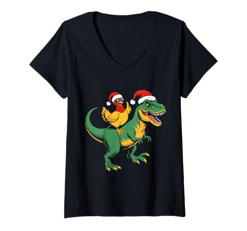 Damen Weihnachten Huhn reiten T Rex Dinosaurier T-Shirt mit V-Ausschnitt Damen Weihnachten Huhn reiten T Rex Dinosaurier T-Shirt mit V-Ausschnitt von Chicken riding dinosaur
