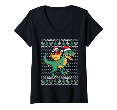 Damen Huhn reiten Dinosaurier hässlicher Weihnachtspullover Tyrannosaurus T-Shirt mit V-Ausschnitt Damen Huhn reiten Dinosaurier hässlicher Weihnachtspullover Tyrannosaurus T-Shirt mit V-Ausschnitt von Chicken riding t rex
