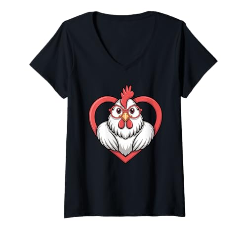 Damen Herz Huhn Brille Hühner T-Shirt mit V-Ausschnitt von Chickens Chicken Lover Gifts