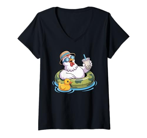 Damen Huhn Boba Perlen Milchtee Hühner T-Shirt mit V-Ausschnitt von Chickens Chicken Lover Gifts