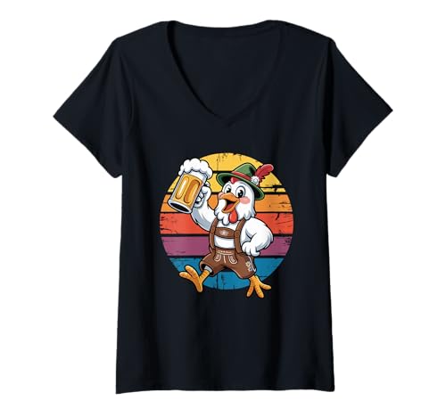 Damen Retro Huhn Bier Trinkend Hühner T-Shirt mit V-Ausschnitt von Chickens Chicken Lover Gifts