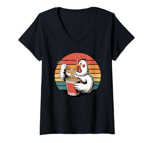 Damen Retro Huhn Instant Becher Nudeln Hühner T-Shirt mit V-Ausschnitt von Chickens Chicken Lover Gifts