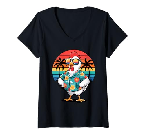 Damen Retro Sonnenuntergang Huhn Sonnenbrille Hawaii Strand Sommer T-Shirt mit V-Ausschnitt von Chickens Chicken Lover Gifts