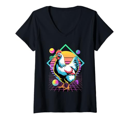 Damen Retro Synthwave Huhn Hühner T-Shirt mit V-Ausschnitt von Chickens Chicken Lover Gifts