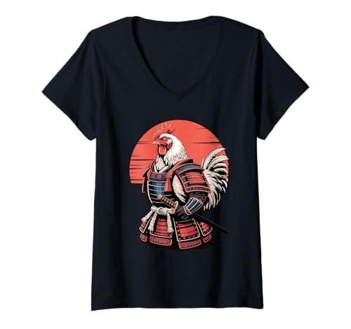 Damen Samurai Huhn Schwert Hühner T-Shirt mit V-Ausschnitt von Chickens Chicken Lover Gifts