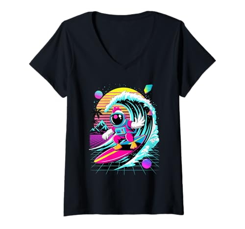 Damen Synthwave Surfer Huhn Astronaut Hühner T-Shirt mit V-Ausschnitt von Chickens Chicken Lover Gifts