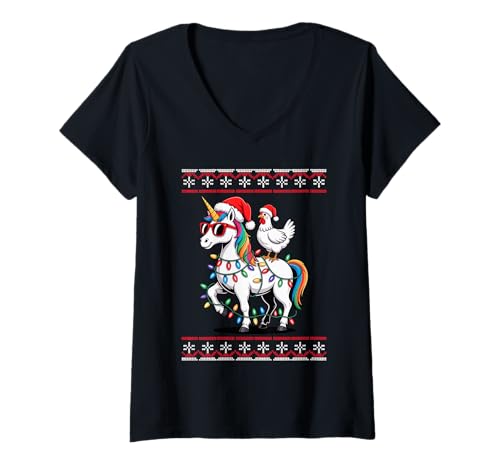 Damen Weihnachten Huhn Einhorn Sonnenbrille Hühner T-Shirt mit V-Ausschnitt von Chickens Chicken Lover Gifts