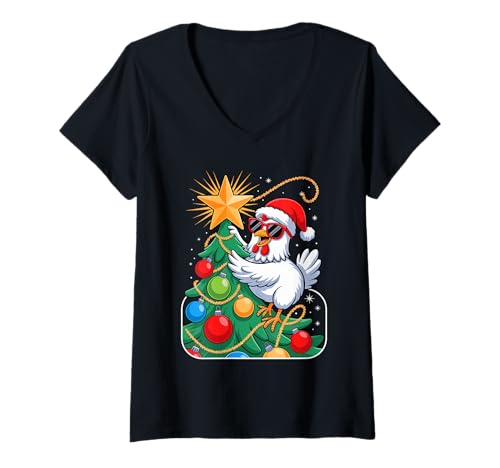 Damen Weihnachtsbaum Huhn Sonnenbrille Hühner T-Shirt mit V-Ausschnitt von Chickens Chicken Lover Gifts