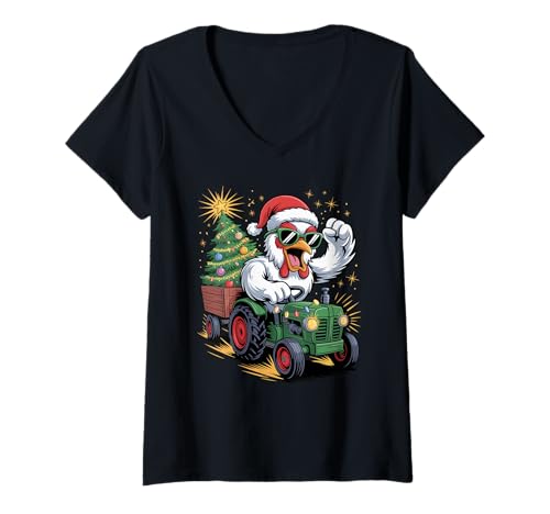 Damen Weihnachtsbaum Traktor Huhn Sonnenbrille Hühner T-Shirt mit V-Ausschnitt von Chickens Chicken Lover Gifts
