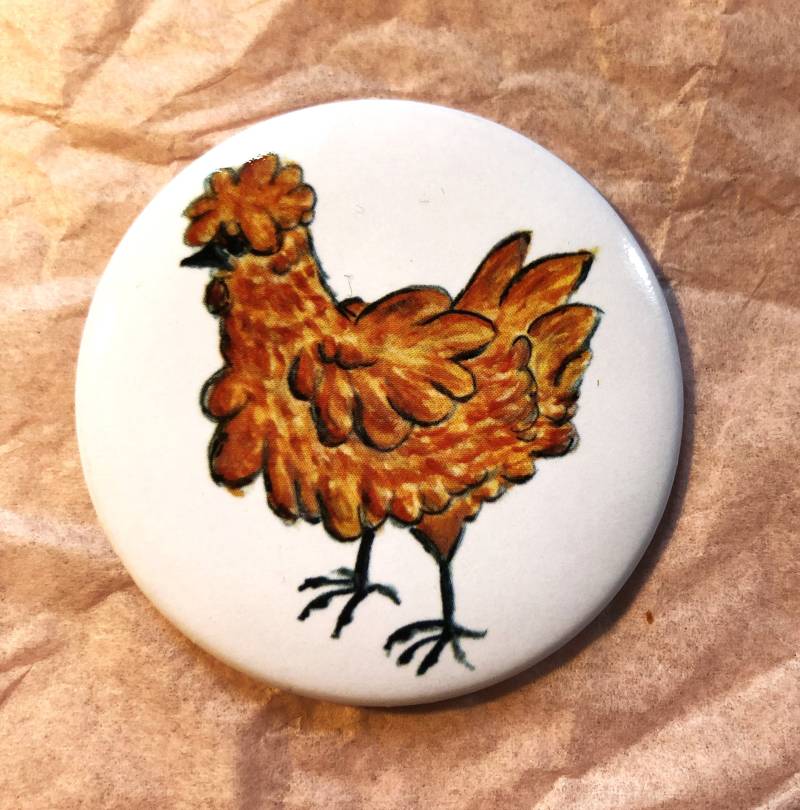 Button Huhn, Anstecknadel, Pin, Hühner, Geschenk, Bauernhof, Bauer, Landleben, Mitbringsel, Hahn, Henne, Seidenhuhn, Silkie, Button von Chickeriki