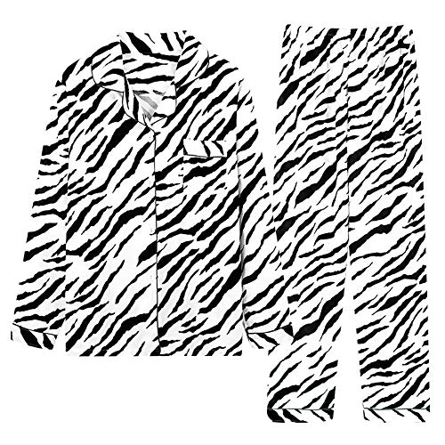 Schlafanzug Damen Langarm Knopfleiste Pyjama Zweiteiliger Klassische Tupfen Hausanzug Herbst Winter Bequem Frauen Loungewear Lang Hose Nachtwäsche Set (Zebra,M) von Chickwin-Shop