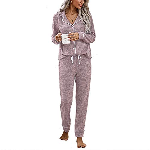 Schlafanzug Damen Langarm Pyjama Zweiteiliger Hausanzug Herbst Winter Bequem, Frauen Loungewear mit Knopfleiste Lang Hose Nachtwäsche Set (Rosa,S) von Chickwin-Shop