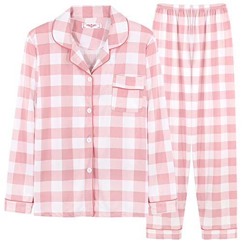 Schlafanzug Damen Langarm Pyjama Zweiteiliger Hausanzug Herbst Winter Bequem Japanisches Plaid Frauen Loungewear mit Knopfleiste Lang Hose Nachtwäsche Set (Rosa,XL) von Chickwin-Shop