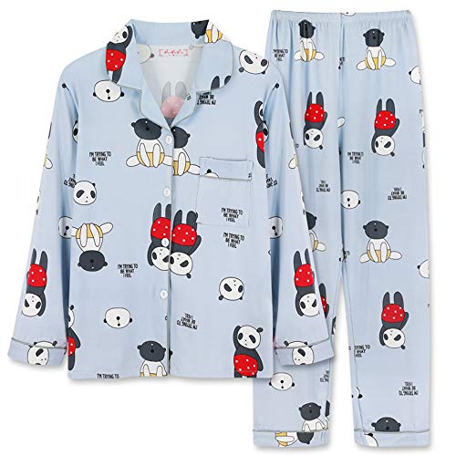 Schlafanzug Damen Langarm Pyjama Zweiteiliger Hausanzug Herbst Winter Bequem Netter Druck Frauen Loungewear mit Knopfleiste Lang Hose Nachtwäsche Set (Panda,M) von Chickwin-Shop