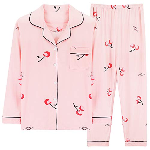 Schlafanzug Damen Langarm Rosa Pyjama Zweiteiliger Hausanzug Herbst Winter Bequem Frauen Loungewear mit Knopfleiste Lang Hose Nachtwäsche Set (Kirsche,M) von Chickwin-Shop