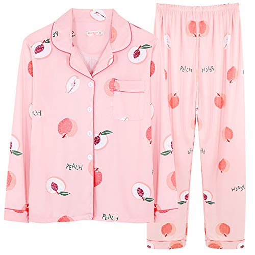 Schlafanzug Damen Langarm Rosa Pyjama Zweiteiliger Hausanzug Herbst Winter Bequem Frauen Loungewear mit Knopfleiste Lang Hose Nachtwäsche Set (Pfirsich,M) von Chickwin-Shop