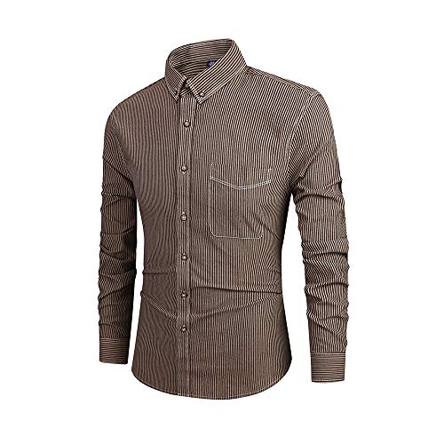 Chickw1 Button Down Hemd Herren Streifen Langarm, Herbst Baumwolle Slim Fit Comfort Arbeit Business Elegant Shirt Modern Hochzeit Büro Hochzeit Reise Pocket Freizeithemd (M,Brauner Streifen) von Chickwin