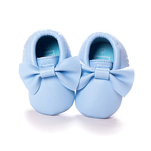 Chickw1 Neugeborene Turnschuh Babyschuhe Anti-Rutsch Krabbelschuhe PU Mädchen und Jungen Kleinkind Innen Weiche Alleinige Schuhe. (11cm / 0-6 Monate, Hellblaue Schleife) von Chickwin
