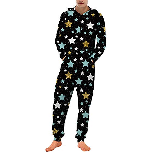 Chickw1 Weihnachten Herren Jumpsuit Overall Jogger, Unisex Mädchen Kapuzenpullover Strampelanzug 3D Printed Onepiece Sweatshirt Männer Strampler Nachtwäsche Fitness Bekleidung (2XL,Schwarzer Stern) von Chickwin