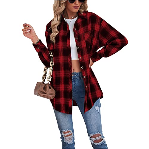 Chickwin Damen Kariertes Hemd aus Flanell Bluse Langarm Button-down Casual Retro Karo Hemd Loose Hemdbluse mit Tasche HolzfällerJacke Hemdbluse S-2XL von Chickwin