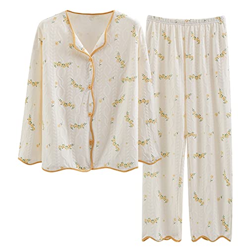 Chickwin Damen Schlafanzug Lang Zweiteiliger Herbst Winter Warm Weich Baumwolle Blumen Pyjama mit Knopfleiste Frauen V-Ausschnitt Langarm Nachtwäsche Set und Pyjamahose von Chickwin