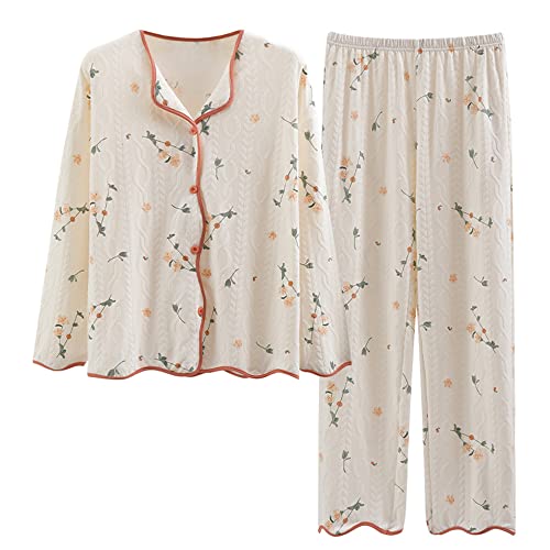 Chickwin Damen Schlafanzug Lang Zweiteiliger Herbst Winter Warm Weich Baumwolle Blumen Pyjama mit Knopfleiste Frauen V-Ausschnitt Langarm Nachtwäsche Set und Pyjamahose von Chickwin