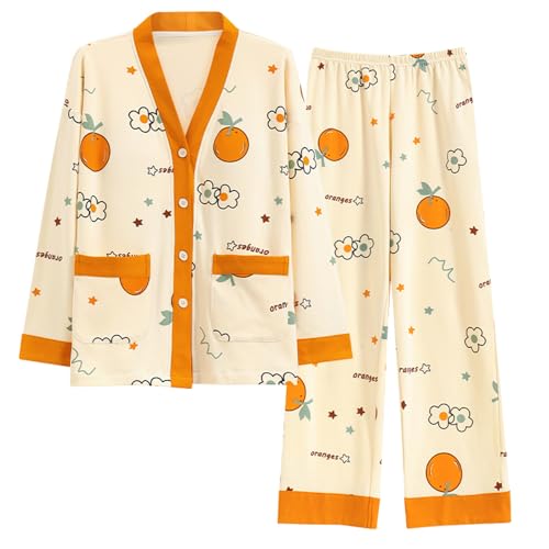 Chickwin Damen Schlafanzug Zweiteiliger V-Ausschnitt Langarm Pyjama Set aus Baumwolle Soft, Frauen Niedlich Print Pyjama mit Knopfleiste und Lange Hose Winter Nachtwäsche von Chickwin