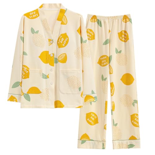 Chickwin Damen Schlafanzug Zweiteiliger V-Ausschnitt Langarm Pyjama Set aus Baumwolle Soft, Frauen Niedlich Print Pyjama mit Knopfleiste und Lange Hose Winter Nachtwäsche von Chickwin